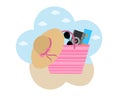 Postcard summer beach bag sunglasses cream luggage hat vector illustration